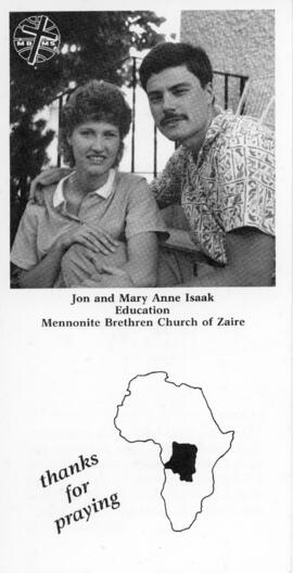 MBMS/I prayer card for Mary Anne and Jon Isaak