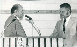 On left, Henry Kornelson, out going moderator with Edwin Plett, new moderator