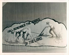 Mural at front of church for centennial celebrations. Picture: Larry Reimer; Lettering: Faith Eidse