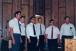 L-R:Bill Siemens,Ben Rempel,Pastor Wilbert Friesen,John Wall,Dale Friesen,Frank Friesen