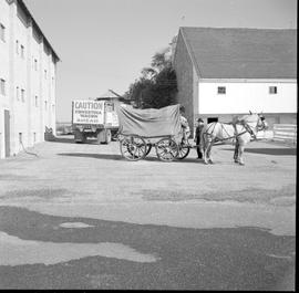 Covered wagon parked at Morgan's farm at beginning of trek from Lancaster, Pennsylvania to Ontario