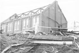Shantz Mennonite Church building after the roof was torn off by high winds