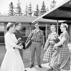 Students standing outside of Rockway Mennonite School in Kitchener, Ontario
