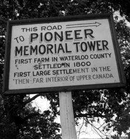 Sign on highway to the Pioneer Memorial Tower in Waterloo County, Ontario