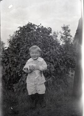 A young boy holding a kitten