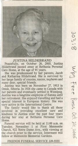 Winnipeg Free Press Obituary clipping for Justina Hildebrand