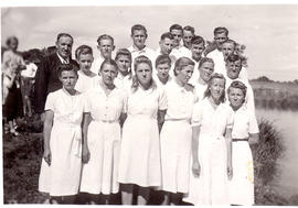 Brother Goerzen with baptismal candidates in Paraguay, ca. 1948-1950