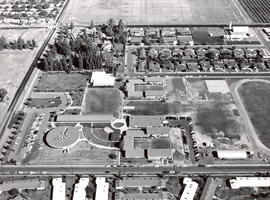 Aerial view of Pacific College campus, ca. 1967