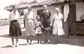 Women and girls in front of medical clinic, Neu-Halbstadt, Neuland, Paraguay